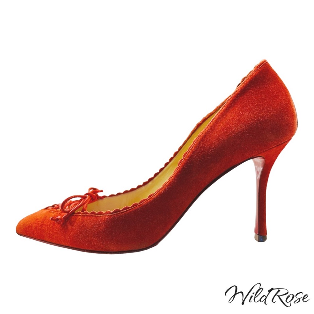 CHRISTIAN LOUBOUTIN “SCALOPUMP” 85 RED SUEDE SCALLOP TRIM LACE UP TIE HEELS 37.5
